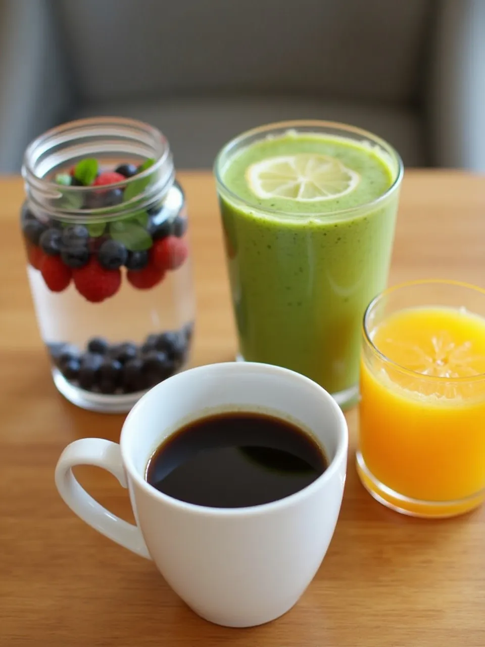 Healthy breakfast beverages including coffee, green tea with lemon, green smoothie, infused water, and fresh orange juice.