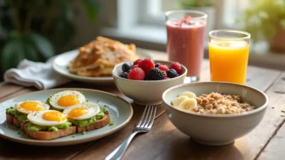 Healthy breakfast spread with avocado toast, smoothie bowl, oatmeal with fruit, and fresh juice on a wooden table.