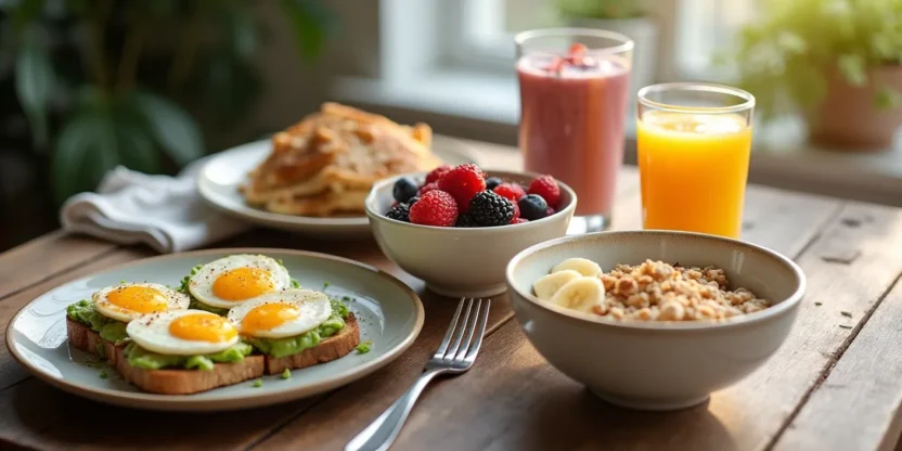 Healthy breakfast spread with avocado toast, smoothie bowl, oatmeal with fruit, and fresh juice on a wooden table.