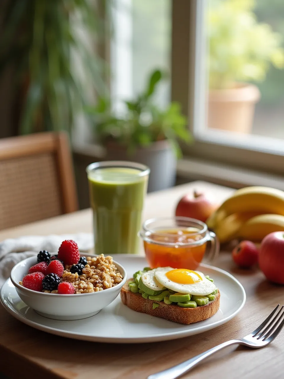 Healthy breakfast ideas including overnight oats, avocado toast, smoothie bowl, and fresh fruit on a cozy morning table.