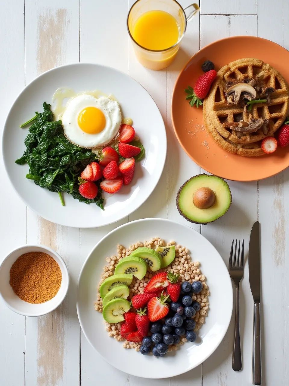 Special diet breakfast options including grain-free eggs with spinach, whole-grain waffle with fruit, vegan avocado toast, and gluten-free oatmeal.