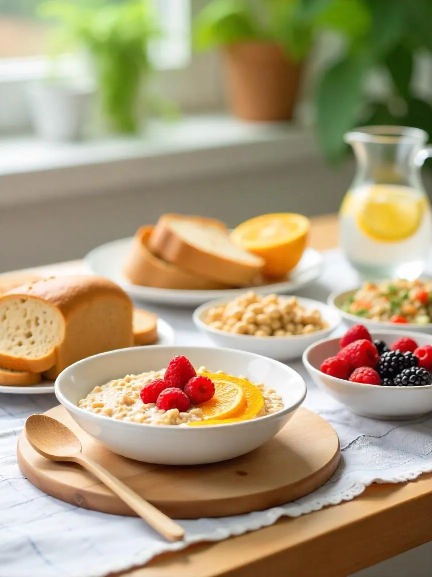 Healthy carbohydrate-rich foods including oatmeal, whole grain bread, fruit, and legumes on a kitchen table. 