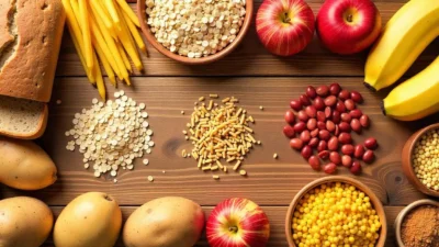 A variety of carbohydrate-rich foods including bread, grains, pasta, potatoes, fruits, and legumes arranged on a wooden table.