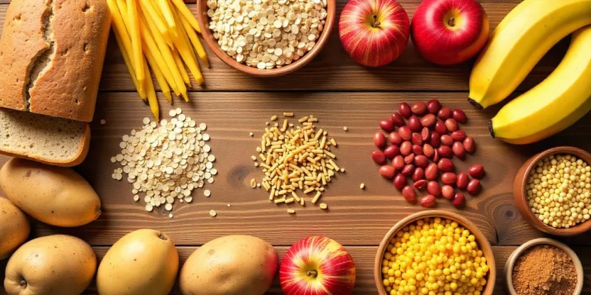 A variety of carbohydrate-rich foods including bread, grains, pasta, potatoes, fruits, and legumes arranged on a wooden table.