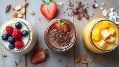 Assorted chia pudding jars with toppings including berries, cacao nibs, and mango pieces on a wooden surface.