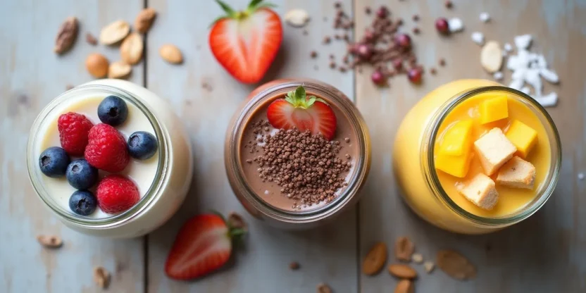 Assorted chia pudding jars with toppings including berries, cacao nibs, and mango pieces on a wooden surface.