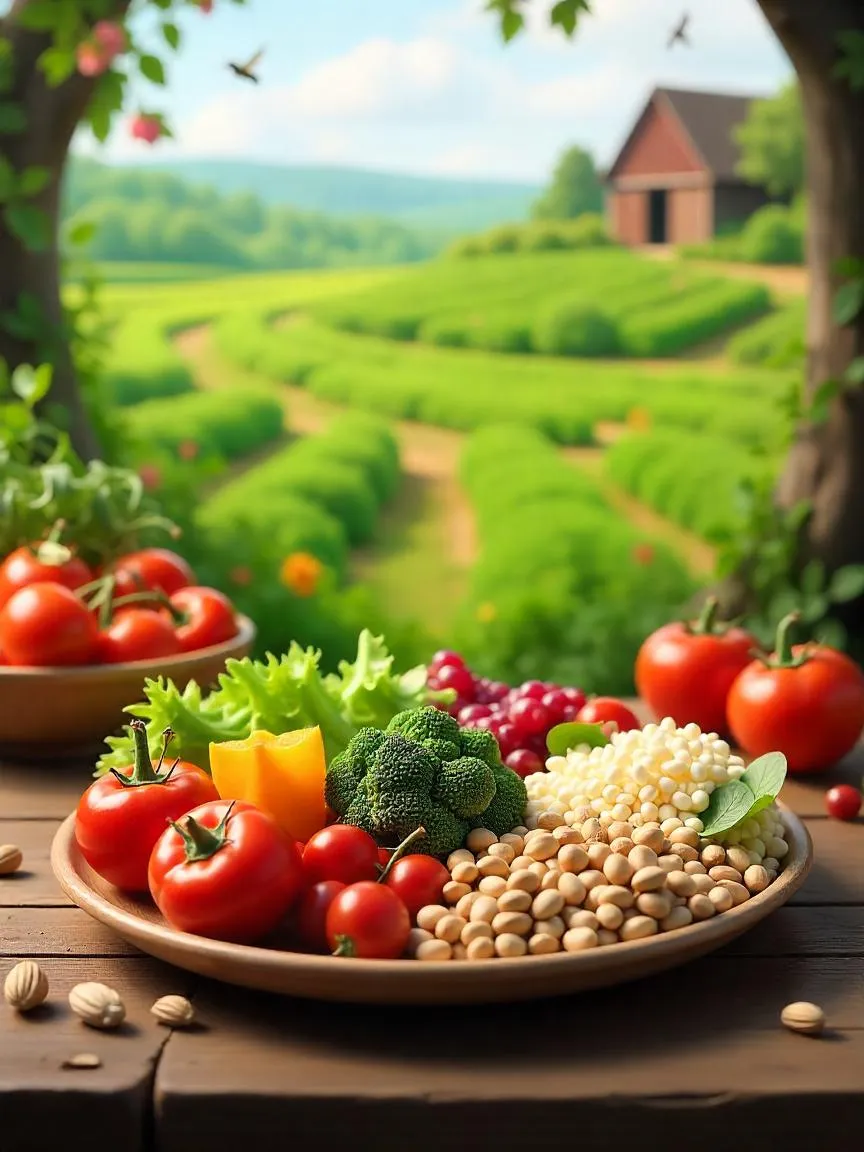 Balanced plant-based meal with vegetables, grains, and legumes, set on a table near a biodiverse sustainable farm. 