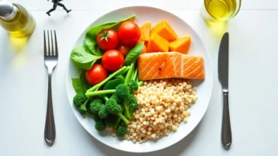 A balanced Healthy Eating Plate with vegetables, fruits, whole grains, and lean protein, alongside a glass of water and olive oil on a light kitchen table.