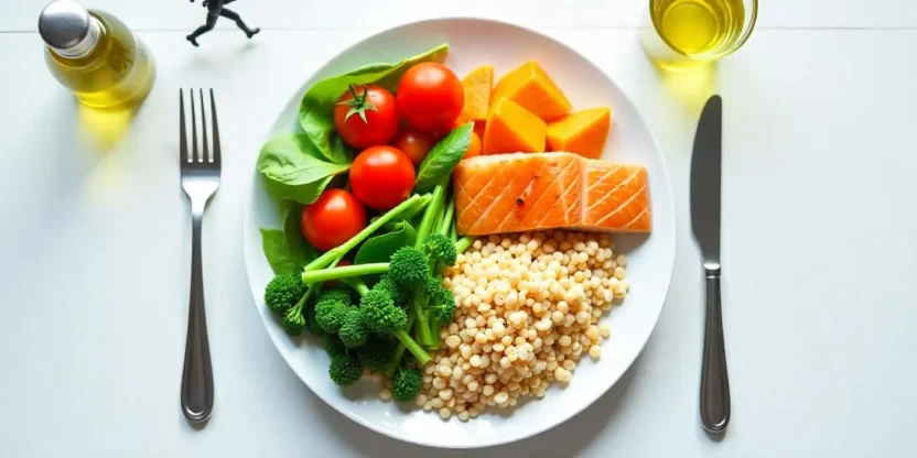 A balanced Healthy Eating Plate with vegetables, fruits, whole grains, and lean protein, alongside a glass of water and olive oil on a light kitchen table.