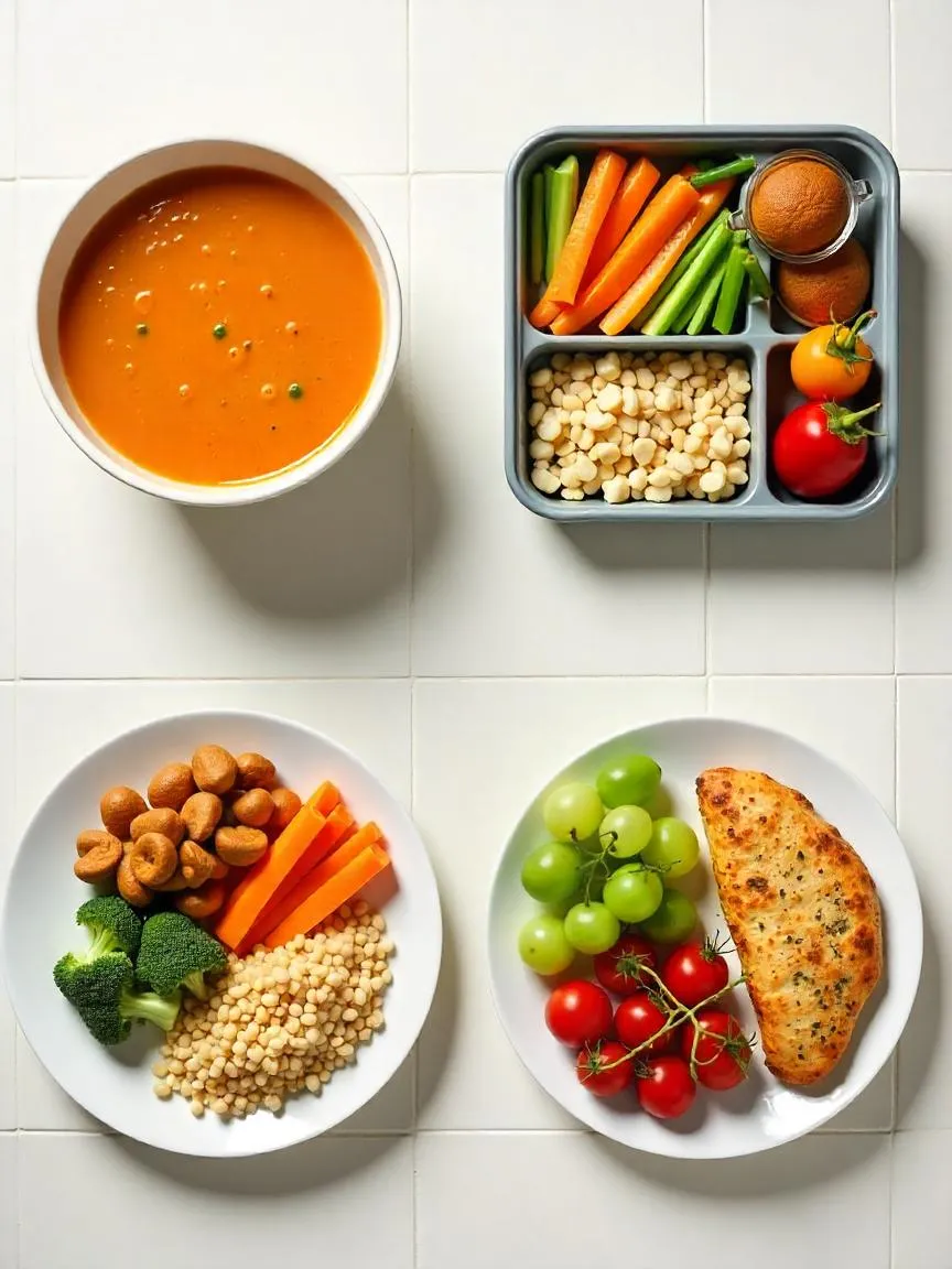 Photorealistic image showing multiple meal setups—lunchbox, bowl, plate—each following Healthy Eating Plate proportions with colorful, balanced food.