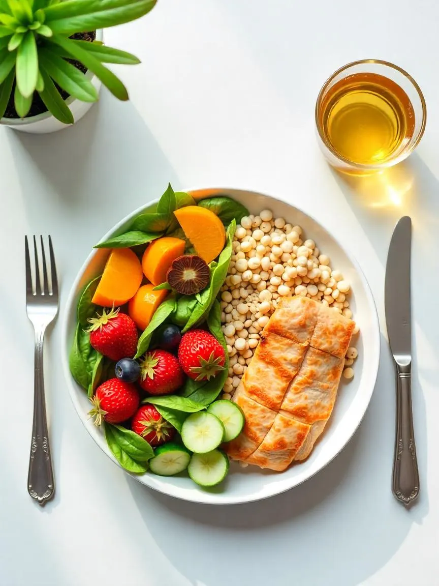 Photorealistic top-down view of a balanced Healthy Eating Plate meal with vegetables, whole grains, protein, and a drink