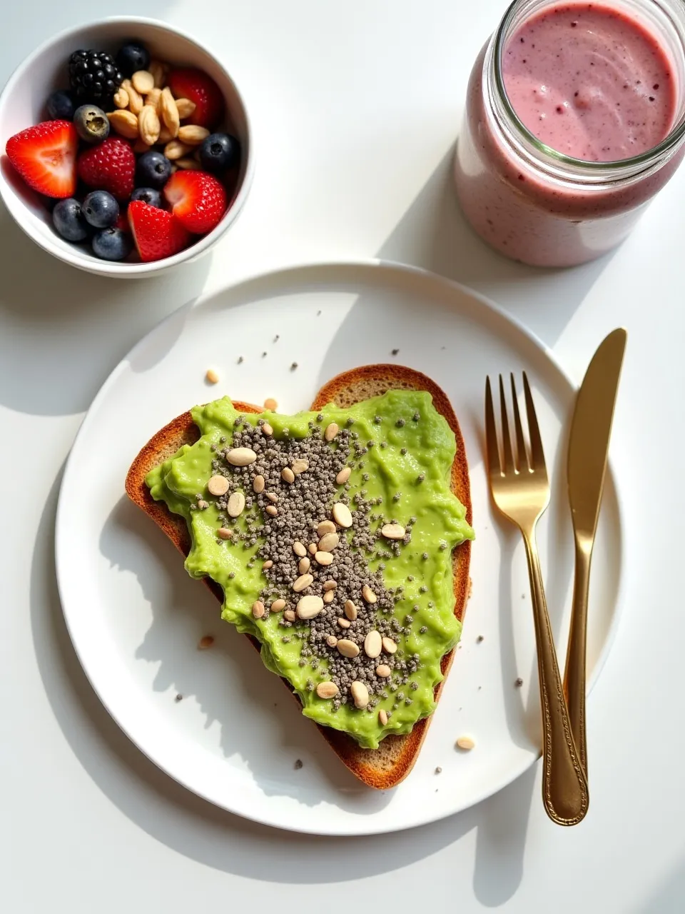 Healthy breakfast with avocado toast, chia seeds, nuts, and a smoothie bowl rich in fiber and healthy fats.