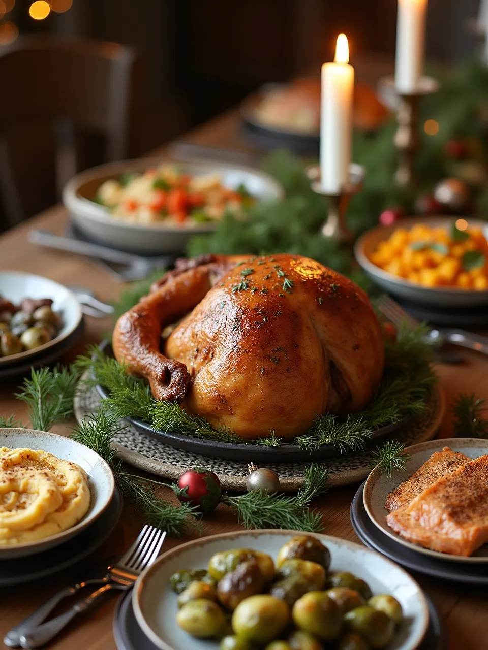 Healthy holiday recipes including roasted turkey breast, baked salmon, mashed sweet potatoes, quinoa stuffing, and Brussels sprouts on a festive table.
