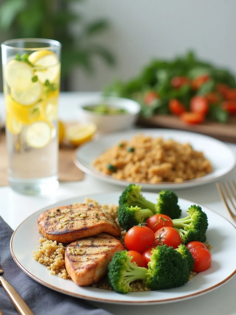 Healthy homemade weekend meals including grilled chicken with quinoa, veggie stir-fry, and baked salmon with salad on a bright dining table.
