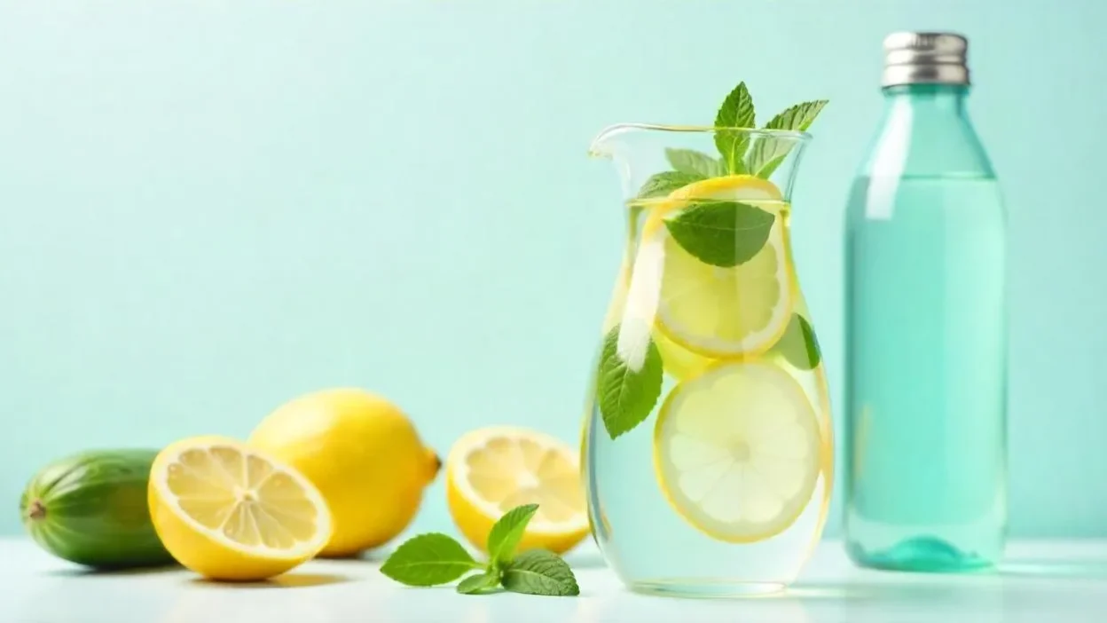 A refreshing pitcher of lemon-mint infused water surrounded by fresh fruits and a reusable water bottle, promoting healthy hydration.