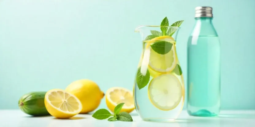 A refreshing pitcher of lemon-mint infused water surrounded by fresh fruits and a reusable water bottle, promoting healthy hydration.