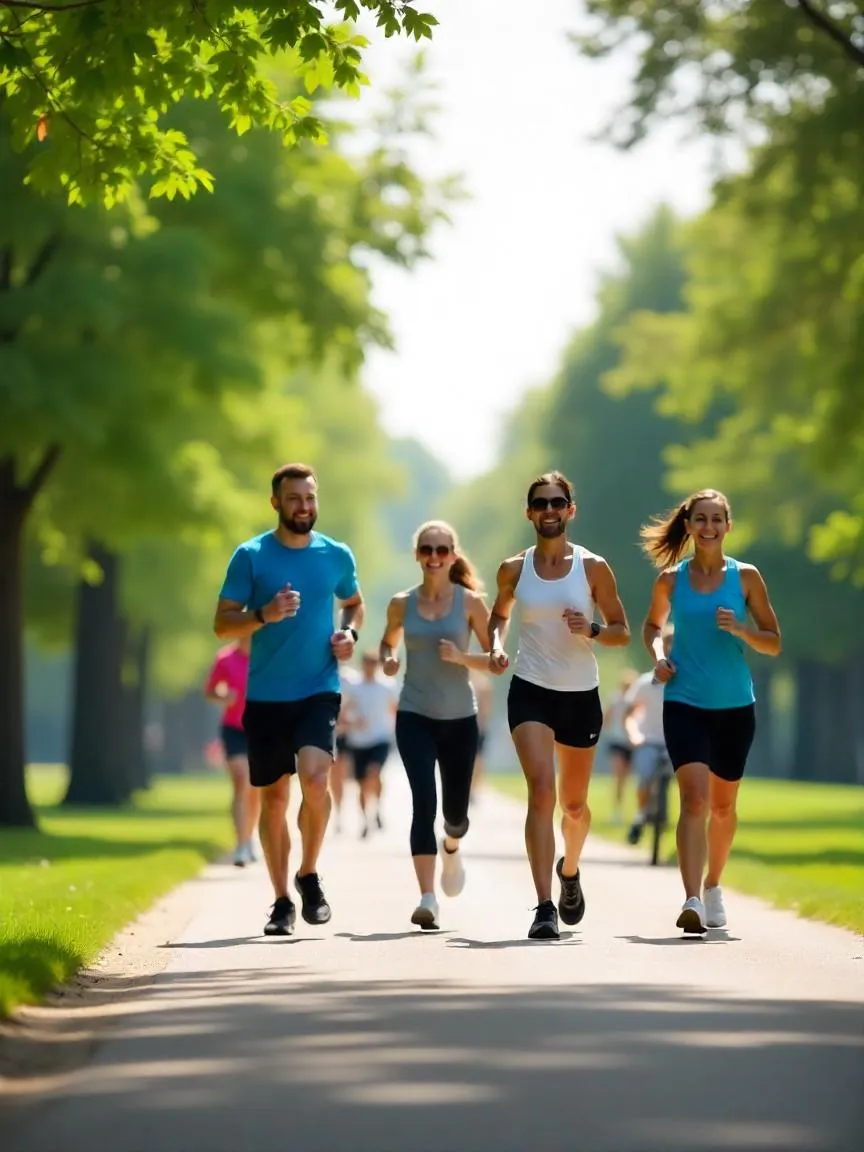 Photorealistic image of people staying active outdoors—walking, jogging, and cycling in a sunny park setting.