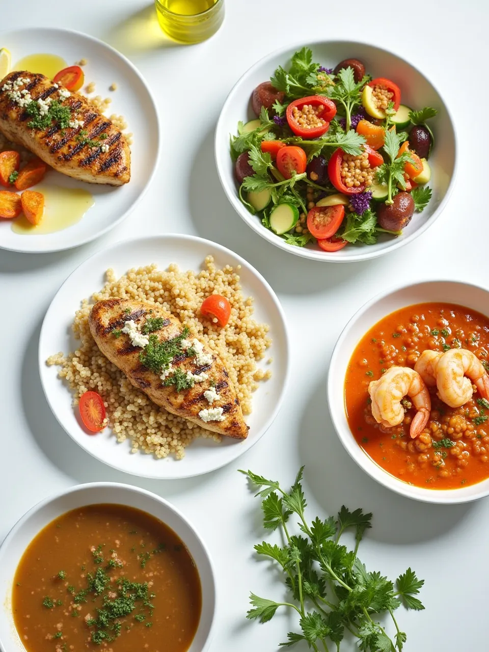 Healthy lunch and dinner ideas including grilled chicken with vegetables, Mediterranean salad, pasta with shrimp, and lentil soup.