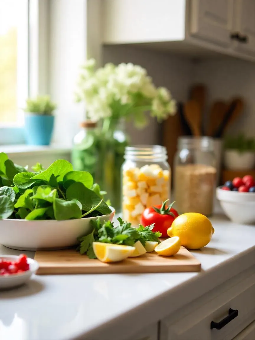 Healthy ingredients like greens, grains, eggs, and fruit with meal prep containers on a sunlit kitchen counter. 