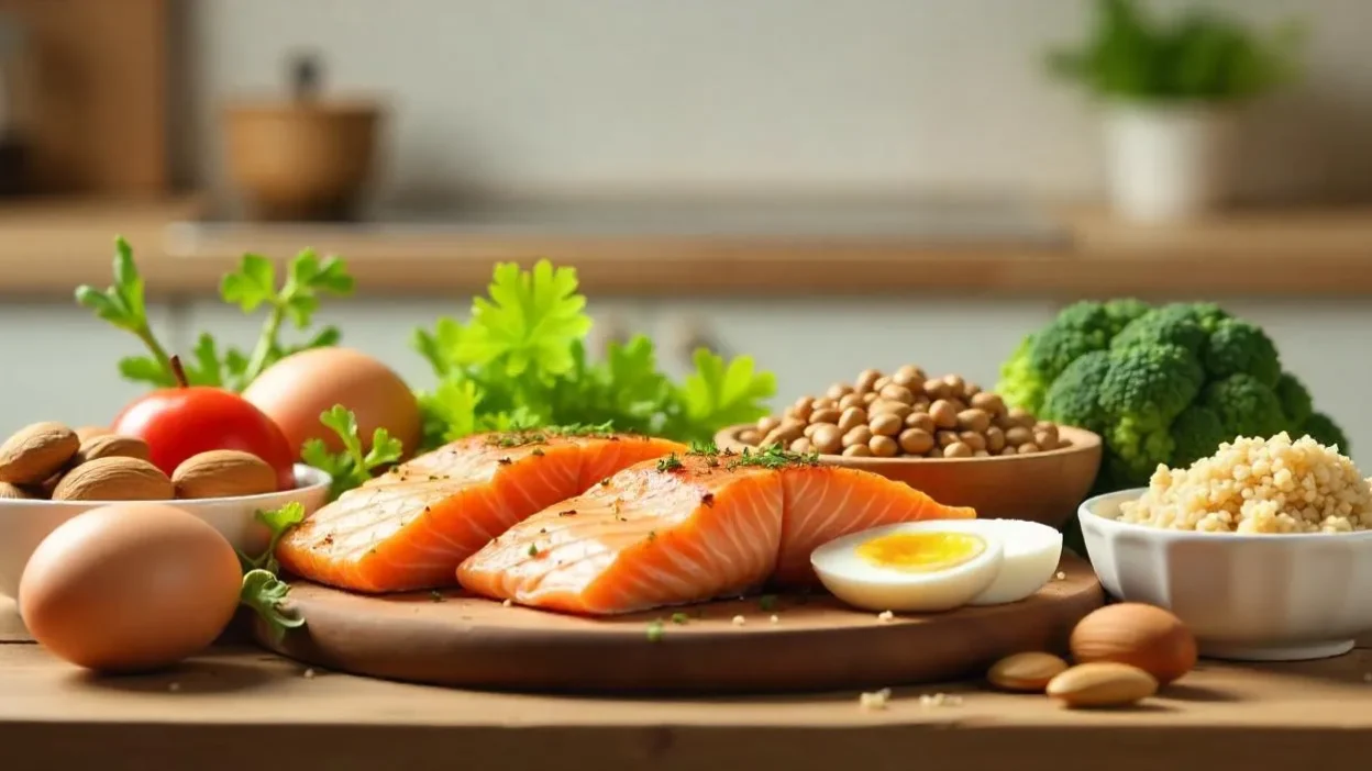 Assortment of healthy protein sources including salmon, eggs, lentils, tofu, almonds, quinoa, yogurt, and broccoli on a wooden table.