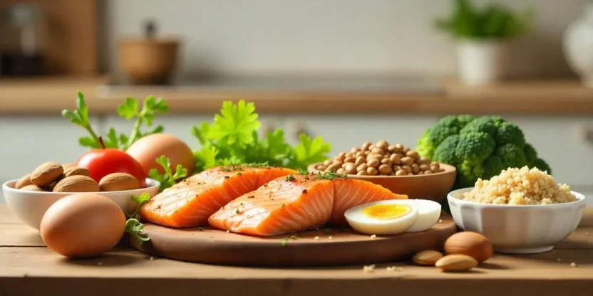 Assortment of healthy protein sources including salmon, eggs, lentils, tofu, almonds, quinoa, yogurt, and broccoli on a wooden table.