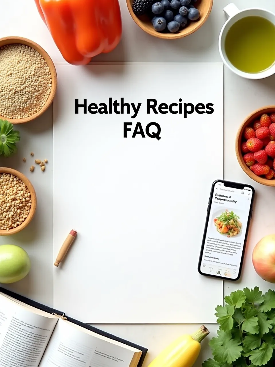 Healthy recipes FAQ with notepad, fresh produce, whole grains, and recipe resources arranged on a bright kitchen table.