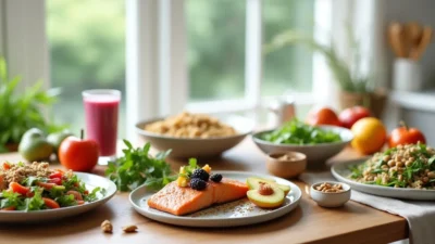Assorted healthy meals including salads, smoothie bowl, grilled salmon with vegetables, and quinoa bowl on a bright kitchen table.