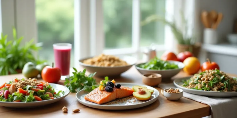 Assorted healthy meals including salads, smoothie bowl, grilled salmon with vegetables, and quinoa bowl on a bright kitchen table.