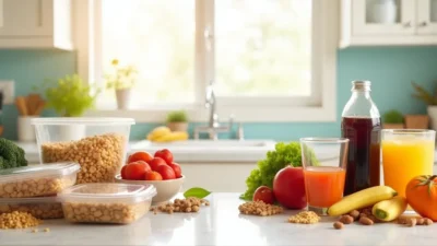 Comparison of ultra-processed foods and healthy whole-food alternatives on a kitchen counter with fresh fruits, vegetables, nuts, and whole grains.