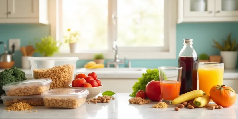 Comparison of ultra-processed foods and healthy whole-food alternatives on a kitchen counter with fresh fruits, vegetables, nuts, and whole grains.