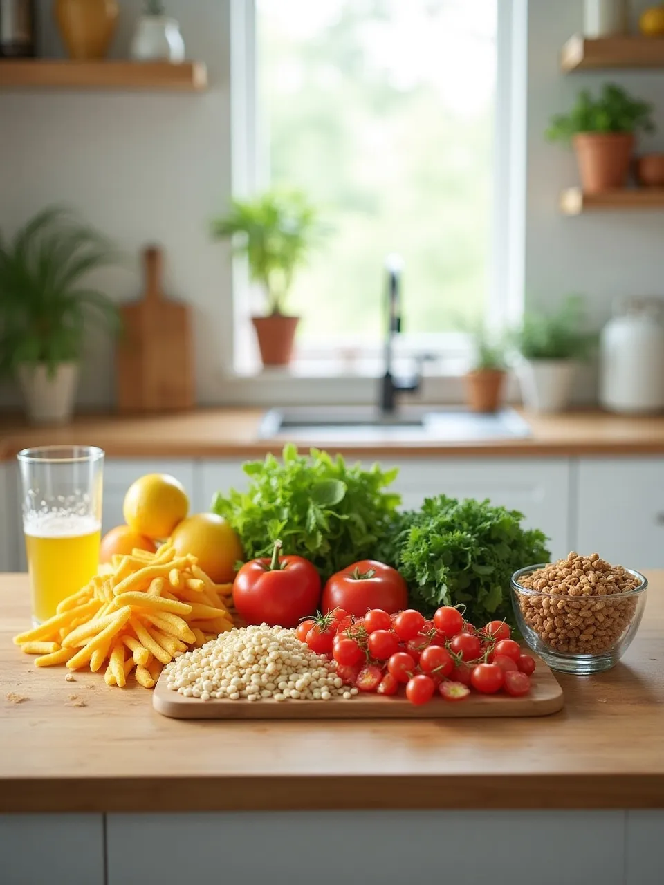 Healthy food alternatives replacing ultra-processed snacks, featuring fresh fruits, vegetables, whole grains, and nuts on a kitchen counter.