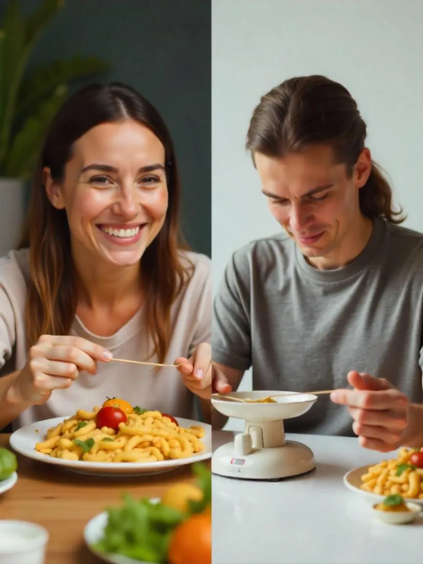 Side-by-side comparison of joyful, balanced eating and isolated, rigid food control—illustrating the difference between healthy eating and orthorexia nervosa.