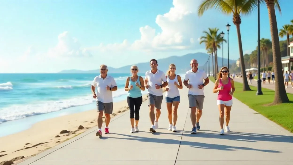 Diverse group of adults walking, running, and biking along a coastal path on a sunny day, promoting active lifestyles and healthy weight.