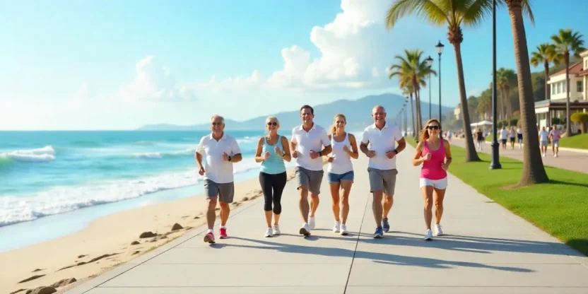 Diverse group of adults walking, running, and biking along a coastal path on a sunny day, promoting active lifestyles and healthy weight.