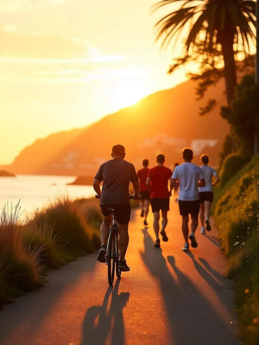 People walking, biking, and jogging by the ocean, promoting physical activity as a key part of maintaining a healthy weight.