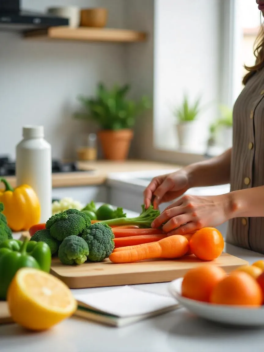 Person preparing a healthy meal with vegetables in a kitchen, alongside a meal planner and fresh fruits, representing healthy weight habits.