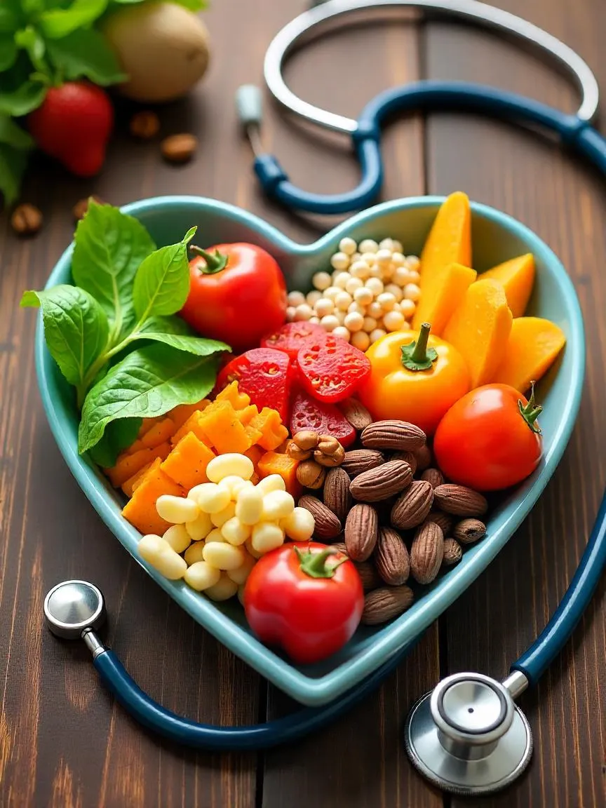 Heart-shaped plate with healthy foods beside a stethoscope, symbolizing the importance of maintaining a healthy weight for overall health and disease prevention.