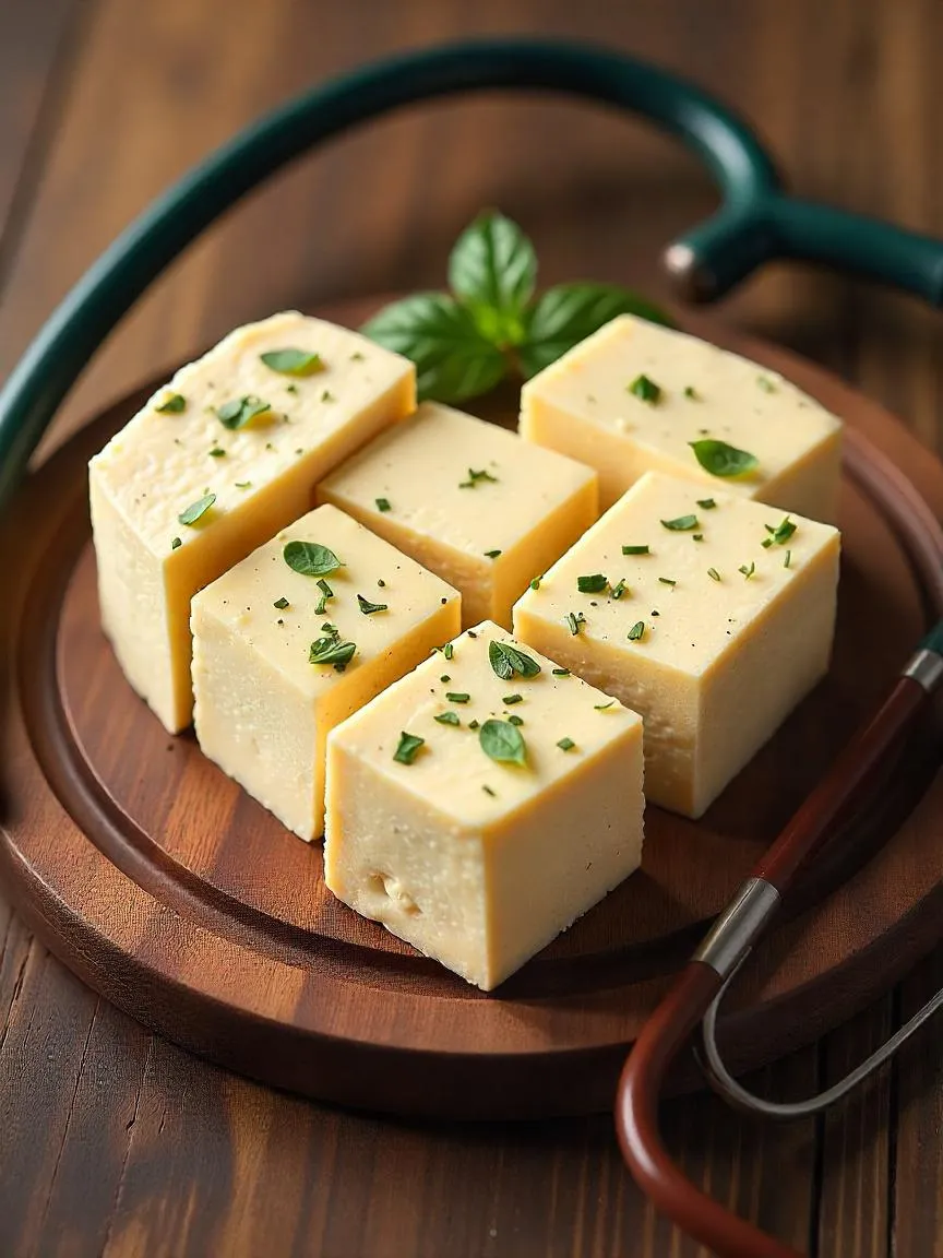 Heart-healthy proteins like salmon, beans, nuts, and tofu arranged in a heart shape on a table with a stethoscope beside them.