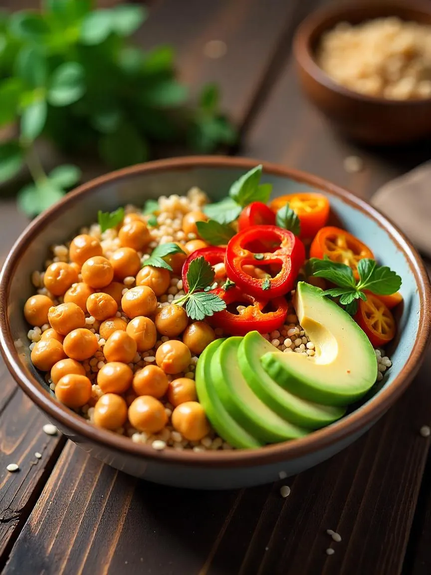 Hearty plant-based meal with chickpeas, grilled vegetables, quinoa, avocado, and seeds.