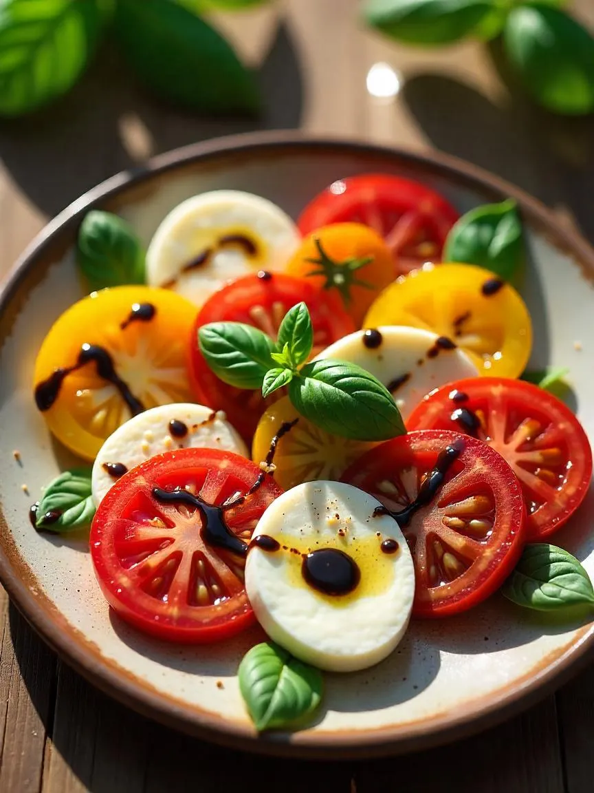 Heirloom Caprese salad with colorful tomatoes, mozzarella, and basil leaves on a rustic plate.