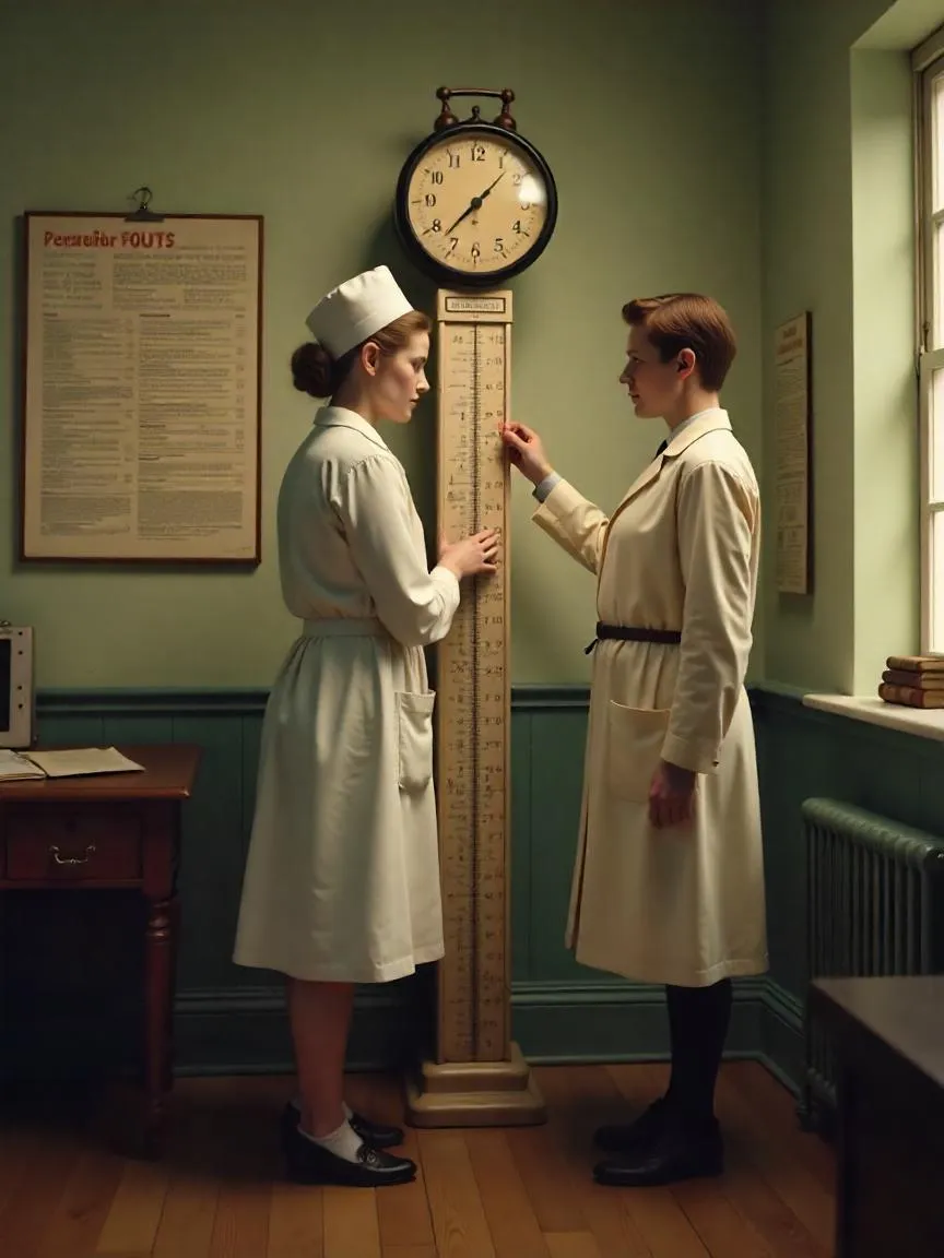 Historical medical setting showing a person being weighed and measured using vintage equipment, representing early methods of defining healthy weight.