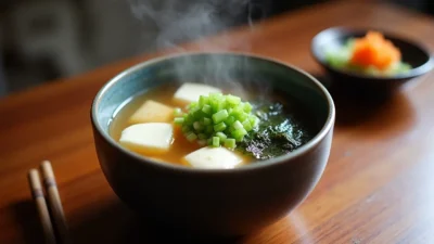 A steaming bowl of traditional Japanese miso soup with tofu, seaweed, and green onions, served with chopsticks and pickled vegetables on a wooden table.