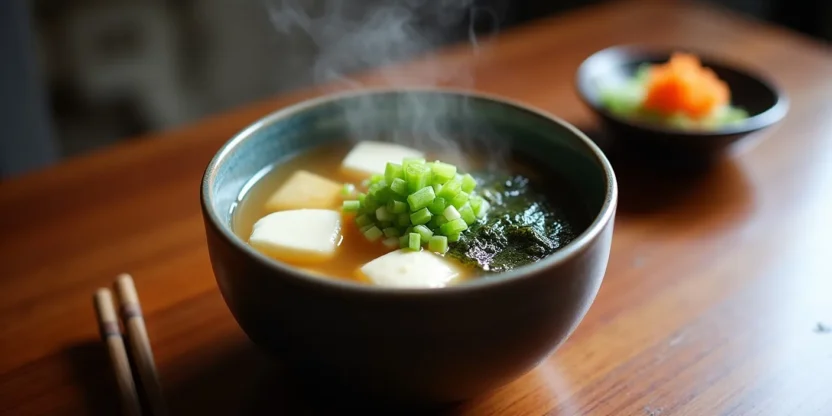 A steaming bowl of traditional Japanese miso soup with tofu, seaweed, and green onions, served with chopsticks and pickled vegetables on a wooden table.