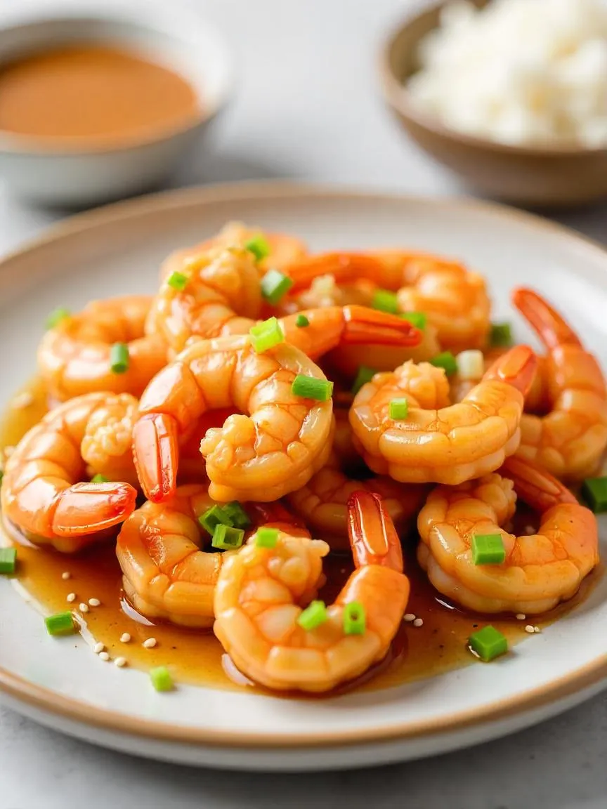 Golden honey walnut shrimp coated in sweet sauce and topped with candied walnuts, served on a plate with a garnish of green onions.