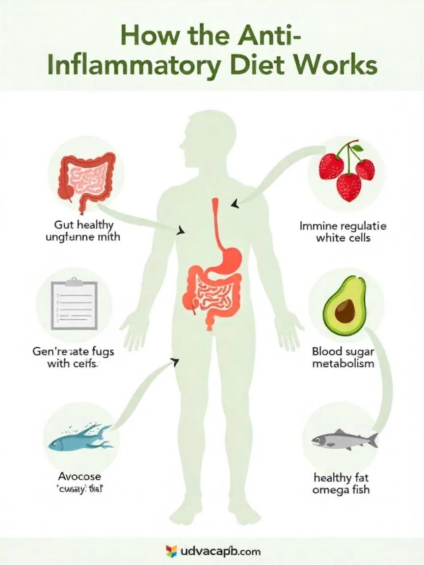 Infographic showing how anti-inflammatory foods help regulate immunity, improve gut health, stabilize blood sugar, and reduce inflammation.