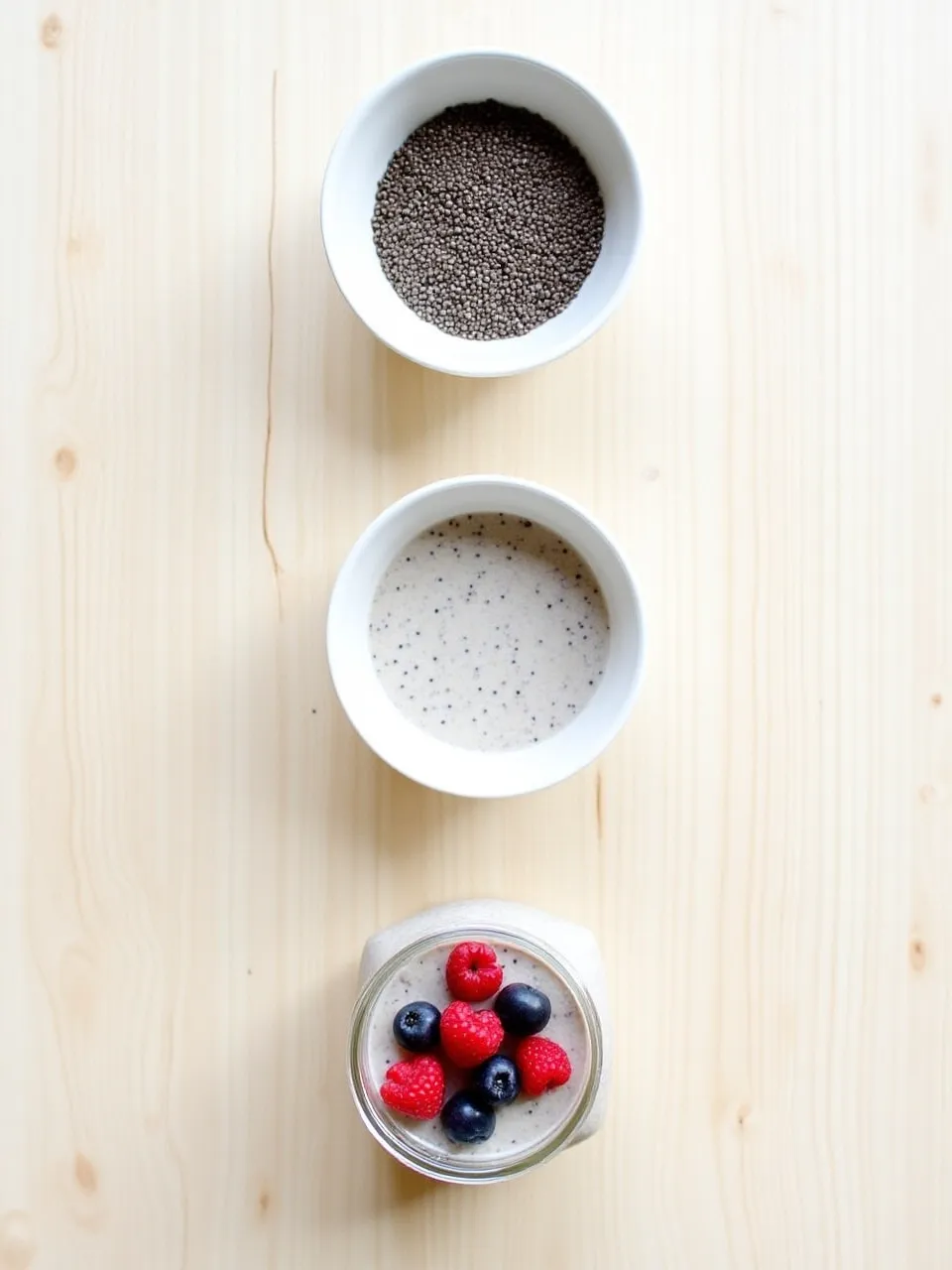 Three stages of chia pudding: dry chia seeds, seeds soaking in milk, and thickened pudding topped with berries.