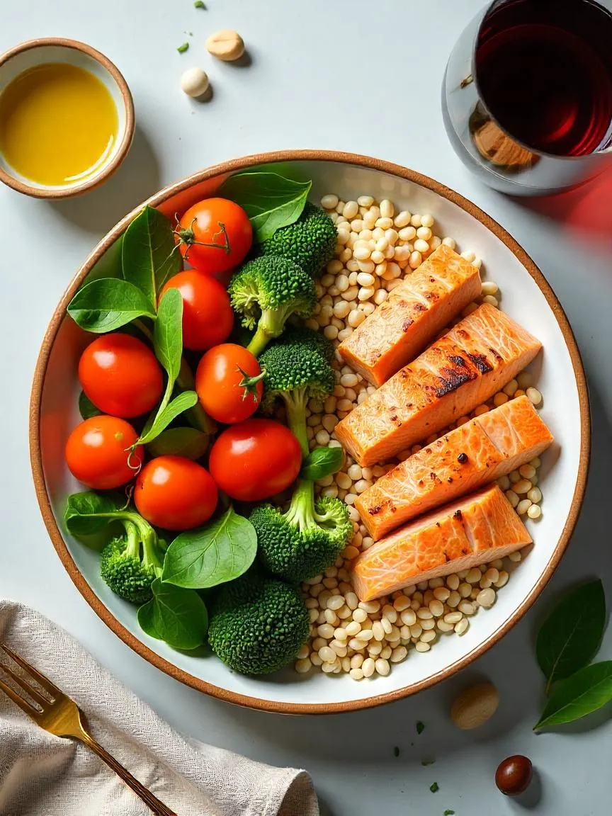 Balanced Mediterranean meal with vegetables, fish, whole grains, olive oil, and wine shown in realistic, natural setting.