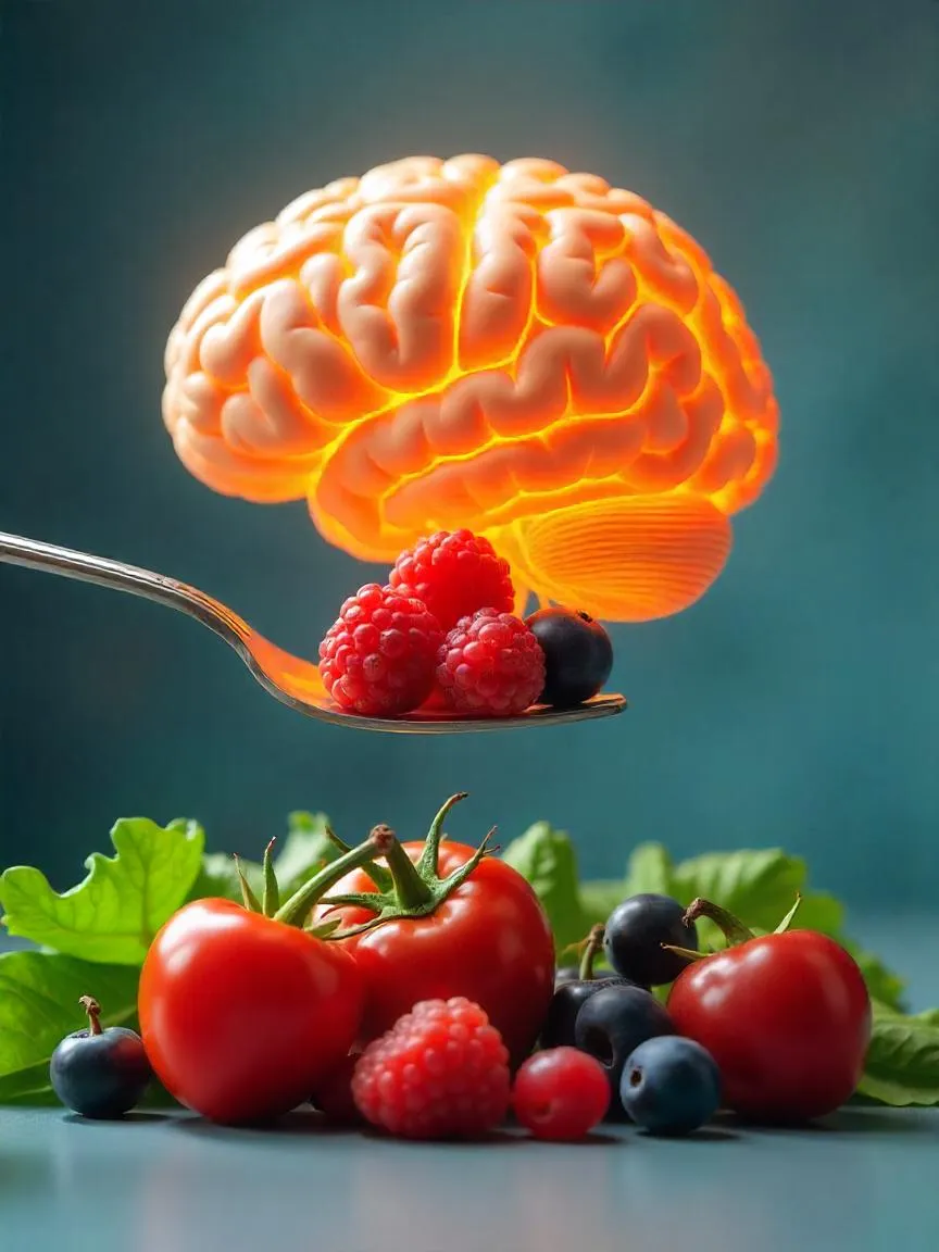 A fork holding vegetables and berries in front of a glowing brain silhouette, symbolizing the MIND diet's effect on brain health