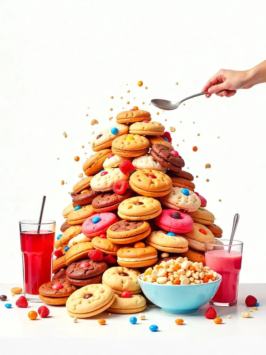 Assortment of sugary foods and drinks with sugar cubes representing high added sugar intake.