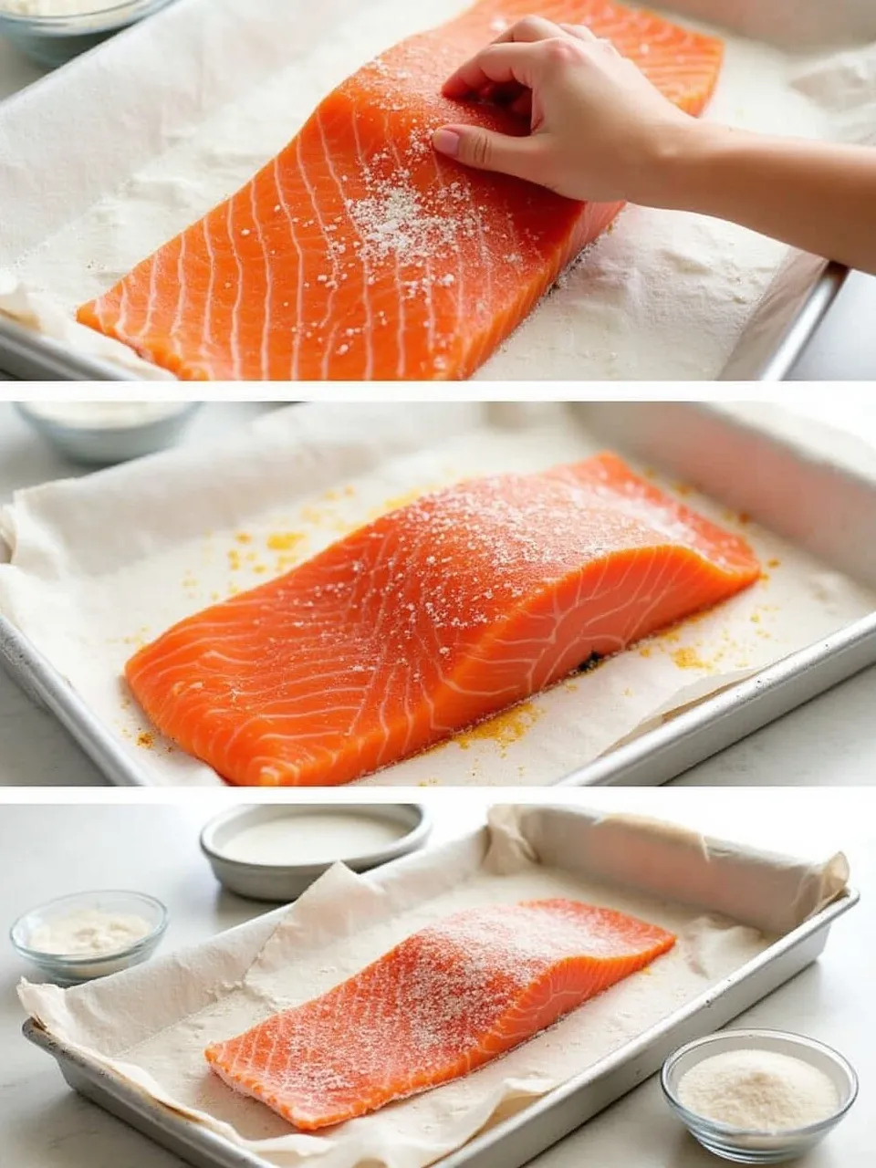 Visual stages of salt curing salmon: raw with salt, mid-cure with moisture, and finished cured fillet on a kitchen surface.